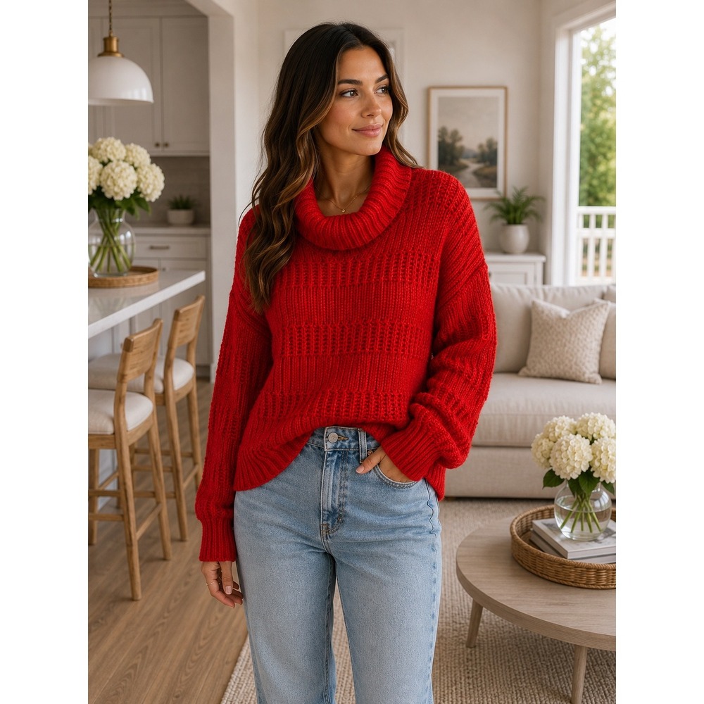 99 Jane Street Womens Red Cowl Neck Chunky Knit Sweater Size Medium